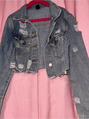 Cropped Distressed Denim Jacket - Light Blue